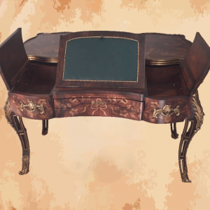 -Two Louis XV reading tables with sliding top releasing a writing drawer; many known examples with variations in marquetry decoration. Above: Exceptional reading table (open and closed) entirely inlaid with flowers, resting on openwork legs, bronze corner drops, adorned with a tower, emblem of the Marquise de Pompadour, L. 78 cm: also stamped RVLC (formerly Baird Rockefeller coll.). Metropolitan Museum, New York (gift Linsky). Below: Reading table (open and closed) inlaid, on the top, with a basket of flowers framed with foliage and, on the belt, four-leaf braces, L. 79 cm. Louure Museum (donated by the Duchess of Richelieu).  -Manufactured by the most skilled craftsmen in the handmade industry.  – This product is a special design inspired by French art and antiquity made by the most skilled makers of classic handcrafted furniture.  – Natural wooden structure with the addition of all engraving works on wood and resin, with the addition of luxurious copper pieces and environmentally friendly paints.