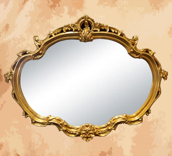 -A mirror inspired by the haircuts of French princesses in the eighteenth century  -Manufactured by the most skilled craftsmen in the handmade industry  -This element is inspired by French palaces and classic old French art  – This product is a special design inspired by French art and antiquity  – A cheerful and elegant mirror that gives the feeling of being in a French palace from the eighteenth century  -size 90 x 117 Natural wooden structure with the addition of all the engraving work on the wood material resin and mirror 4 mm One of the finest types of mirrors with high quality and environmentally friendly paints