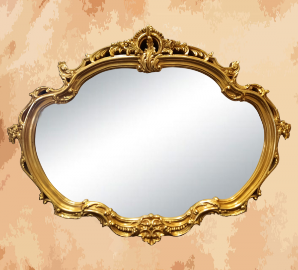 -A mirror inspired by the haircuts of French princesses in the eighteenth century -Manufactured by the most skilled craftsmen in the handmade industry -This element is inspired by French palaces and classic old French art – This product is a special design inspired by French art and antiquity – A cheerful and elegant mirror that gives the feeling of being in a French palace from the eighteenth century -size 90 x 117 Natural wooden structure with the addition of all the engraving work on the wood material resin and mirror 4 mm One of the finest types of mirrors with high quality and environmentally friendly paints