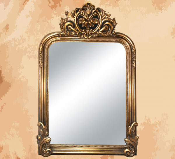 -Rectangular mirror dark gold color like a brunette princess in a royal French palace  -Manufactured by the most skilled craftsmen in the handmade industry  -This element is inspired by French palaces and classic old French art  – This product is a special design inspired by French art and antiquity  – A cheerful and elegant mirror that gives the feeling of being in a French palace from the eighteenth century  -size 110 x 85 Natural wooden structure with the addition of all the engraving work on the wood material resin and mirror 4 mm One of the finest types of mirrors with high quality and environmentally friendly paints