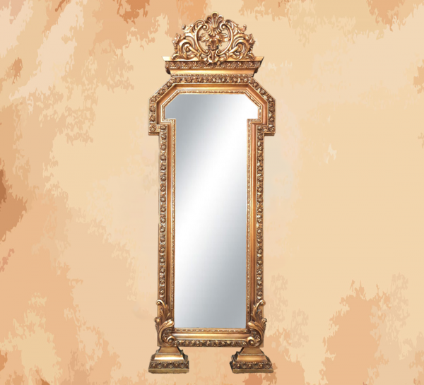 – A luxurious and majestic design mirror in a luxurious golden color, as if it were of large pure gold throne -Manufactured by the most skilled craftsmen in the handmade industry -This element is inspired by French palaces and classic old French art – This product is a special design inspired by French art and antiquity – A cheerful and elegant mirror that gives the feeling of being in a French palace from the eighteenth century -size 210 x 80 Natural wooden structure with the addition of all the engraving work on the wood material resin and mirror 4 mm One of the finest types of mirrors with high quality and environmentally friendly paints