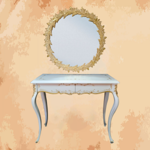 -Luxurious console with mirror in the form of silver foliage, this product is one of our designs inspired by French civilization  -Manufactured by the most skilled craftsmen in the handmade industry  – This element is inspired by French palaces and old French classic art  – This product is a special design inspired by French art and antiquity  – Luxurious console with a cheerful and elegant mirror creates the feeling of being in an 18th century French chateau  – Size 90 x 115 x 45 x 105, natural wooden structure with the addition of all engraving works on wood, resin and mirrors 4 mm from the finest types of mirrors with high quality and environmentally friendly paints