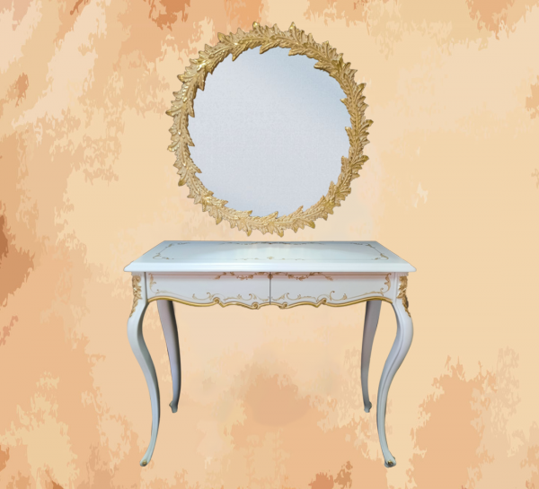 -Luxurious console with mirror in the form of silver foliage, this product is one of our designs inspired by French civilization -Manufactured by the most skilled craftsmen in the handmade industry – This element is inspired by French palaces and old French classic art – This product is a special design inspired by French art and antiquity – Luxurious console with a cheerful and elegant mirror creates the feeling of being in an 18th century French chateau – Size 90 x 115 x 45 x 105, natural wooden structure with the addition of all engraving works on wood, resin and mirrors 4 mm from the finest types of mirrors with high quality and environmentally friendly paints