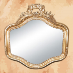 -A mirror with a unique golden design and a unique and luxurious shape, as if the hair of a princess from a French palace -Manufactured by the most skilled craftsmen in the handmade industry -This element is inspired by French palaces and classic old French art – This product is a special design inspired by French art and antiquity – A cheerful and elegant mirror that gives the feeling of being in a French palace from the eighteenth century -size 95 x 100 Natural wooden structure with the addition of all the engraving work on the wood material resin and mirror 4 mm One of the finest types of mirrors with high quality and environmentally friendly paints