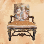 -Luxurious chair with a canvas painted on it documenting an original French love story for Romeo and Juliet, type Joplin fabric  -Manufactured by the most skilled craftsmen in the handmade industry  – French-era chair with a canvas painting that embodies an original French love story This chair is not only good as a seat in cafes and restaurants, but also very good as a work stool in the office and workspace of your luxury home. If you want to put it in the front porch as a comfortable place to sit, it also looks luxurious and elegant  -This product is a special design inspired by French art and antiquity created by the most skilled craftsmen in the field of classic furniture. The original Joplin fabric is comfortable and beautiful