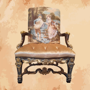 -Luxurious chair with a canvas painted on it documenting an original French love story for Romeo and Juliet, type Joplin fabric -Manufactured by the most skilled craftsmen in the handmade industry – French-era chair with a canvas painting that embodies an original French love story This chair is not only good as a seat in cafes and restaurants, but also very good as a work stool in the office and workspace of your luxury home. If you want to put it in the front porch as a comfortable place to sit, it also looks luxurious and elegant -This product is a special design inspired by French art and antiquity created by the most skilled craftsmen in the field of classic furniture. The original Joplin fabric is comfortable and beautiful