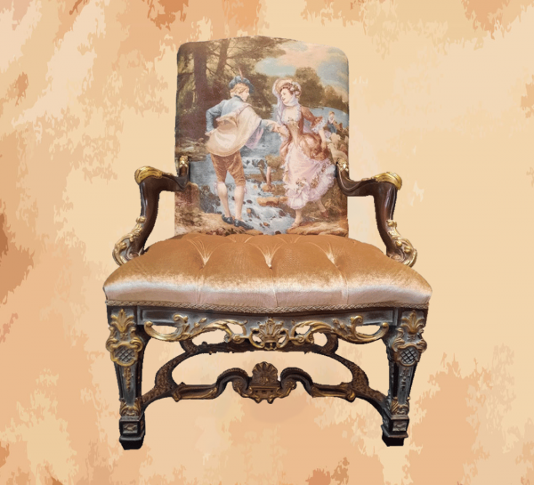 -Luxurious chair with a canvas painted on it documenting an original French love story for Romeo and Juliet, type Joplin fabric -Manufactured by the most skilled craftsmen in the handmade industry – French-era chair with a canvas painting that embodies an original French love story This chair is not only good as a seat in cafes and restaurants, but also very good as a work stool in the office and workspace of your luxury home. If you want to put it in the front porch as a comfortable place to sit, it also looks luxurious and elegant -This product is a special design inspired by French art and antiquity created by the most skilled craftsmen in the field of classic furniture. The original Joplin fabric is comfortable and beautiful